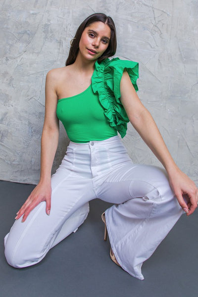 Green Colored Ruffled One Shoulder Bodysuit