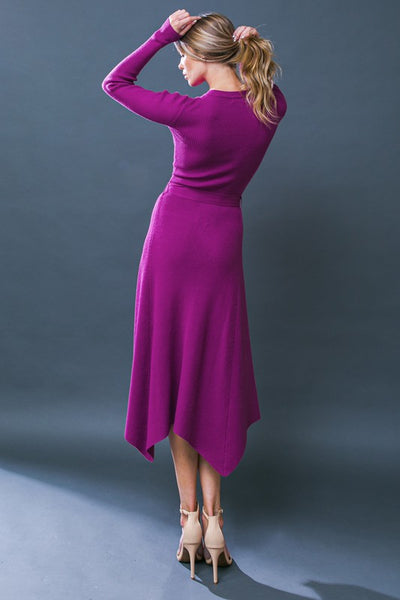 Orchid Colored Ribbed Long Sleeve Midi Sweater Dress