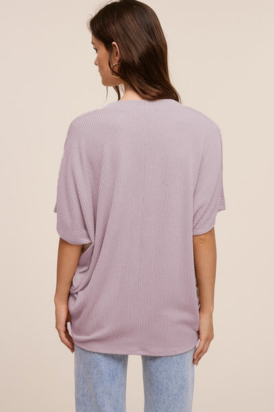 Dusty Mauve Colored V Neck Ribbed Knit Top
