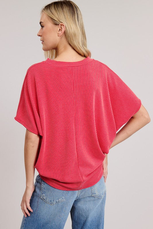 Red Ribbed Knit V-Neck Top