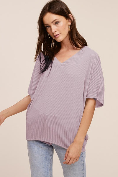 Dusty Mauve Colored V Neck Ribbed Knit Top