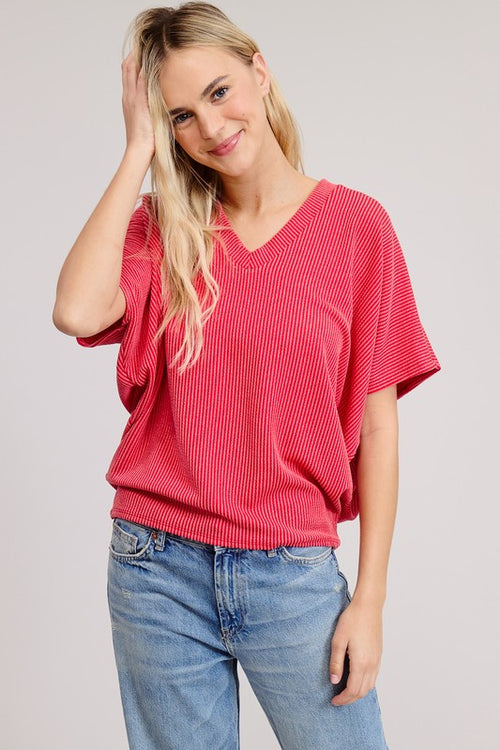 Red Ribbed Knit V-Neck Top