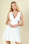 White Colored Tiered Mini Dress with Skirt and Lace Up Back