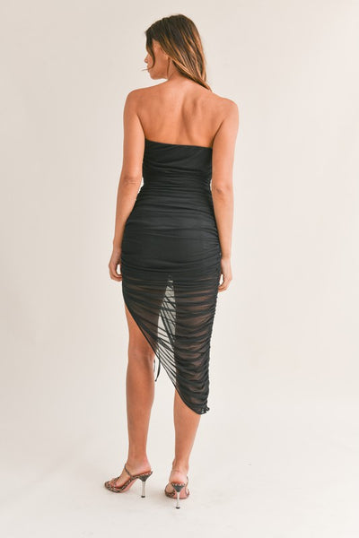 Black Asymmetrical Mesh Midi Dress