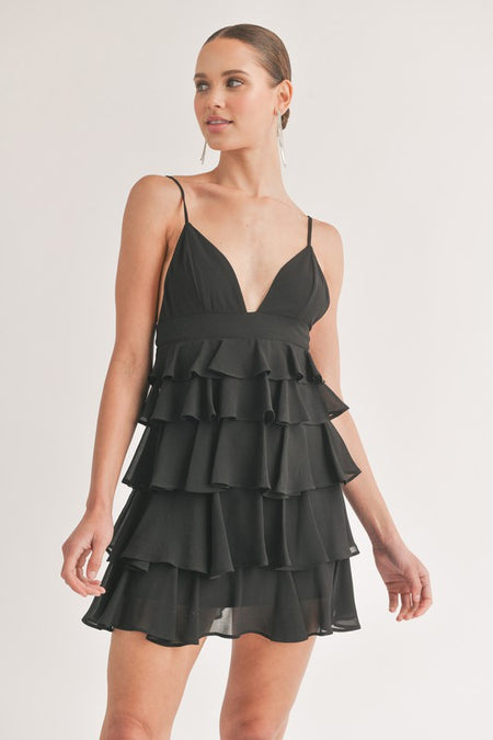 Black Colored Unbalanced Shirring Dress