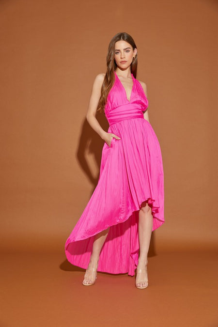 Hot Pink Drawstring Shoulder Deep V Neck Ruffle Dress