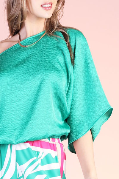 Green Satin Boat Neck Kimono Top