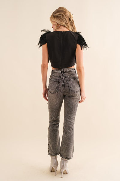 Black Colored Sequin Feather V Neck Cropped Top