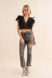 Black Colored Sequin Feather V Neck Cropped Top