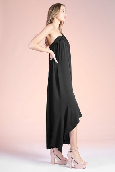Black Textured One Shoulder Asymmetrical Dress