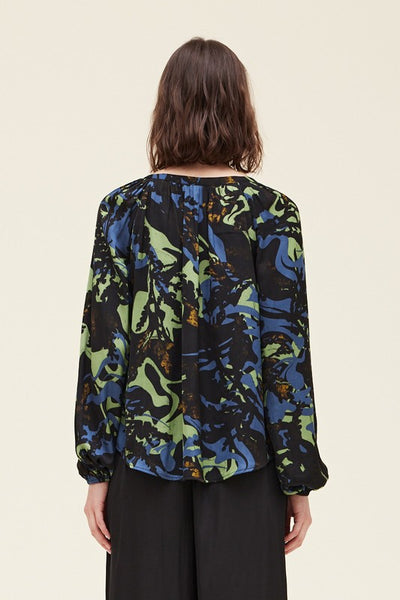 Green and Blue Satin Print Blouse