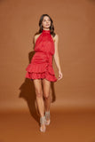 Chili Red Colored Halter Neck Shirring Dress