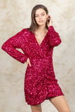 Fuchsia Colored Sequin Wrap Mini Dress