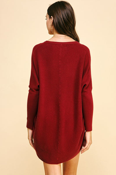 Wine Colored V Neck Dolman Sleeve Sweater