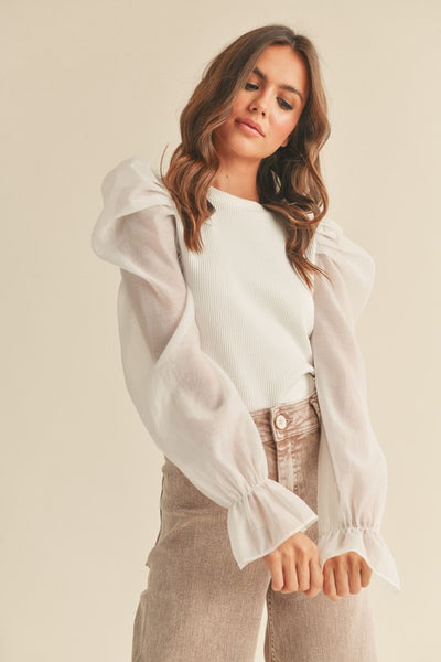 White Colored Ribbed Body Top with Sheer Puff Sleeves