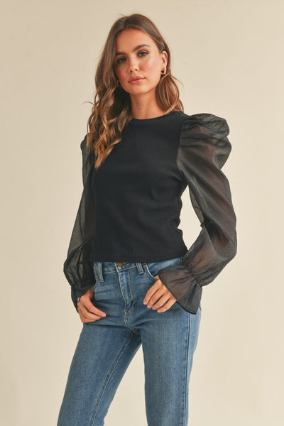 Black Colored Ribbed Top with Sheer Puff Sleeves