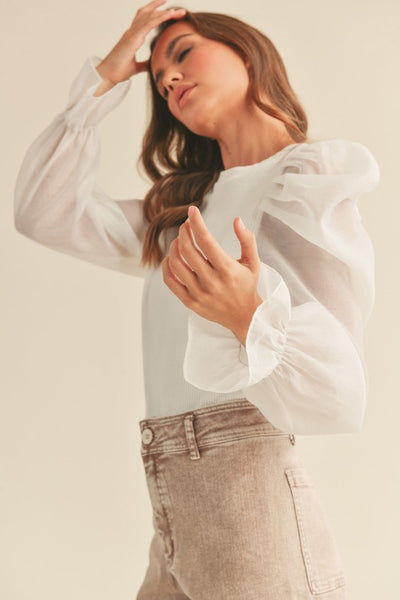 White Colored Ribbed Body Top with Sheer Puff Sleeves