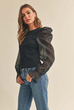 Black Colored Ribbed Top with Sheer Puff Sleeves