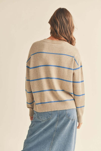 Taupe and Blue Striped Pattern Sweater