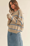 Taupe and Blue Striped Pattern Sweater