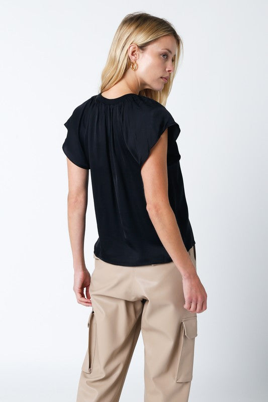 Black Colored Drew Satin Short Sleeve Top