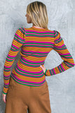 Pink Green and Brown Round Neck Puff Long Sleeve Sweater