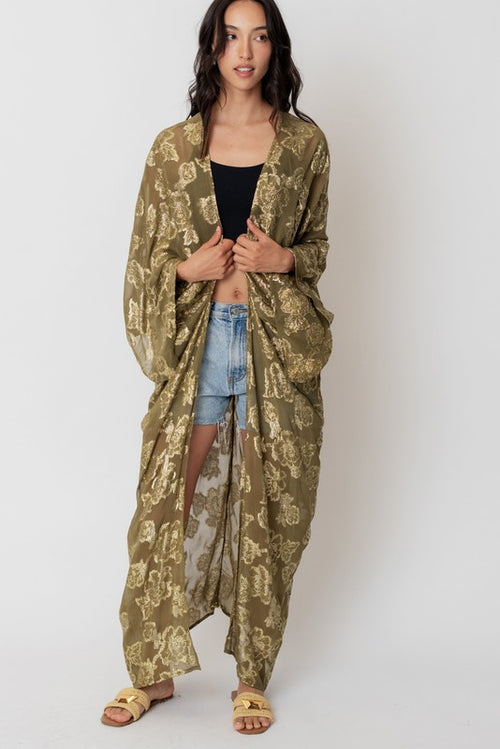 Olive and Gold Lurex Maxi Kimono Cardigan Robe