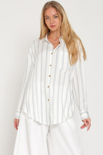 White and Navy Long Sleeve Strip Button Down Top