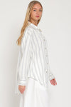 White and Navy Long Sleeve Strip Button Down Top