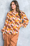 Mustard and Brown Colored Multi Print Long Sleeve Button Down Top