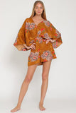 Camel Brown Floral Multi Print Kimono Sleeve Tie Back Neck Romper