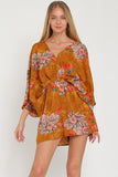 Camel Brown Floral Multi Print Kimono Sleeve Tie Back Neck Romper