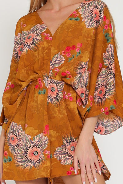 Camel Brown Floral Multi Print Kimono Sleeve Tie Back Neck Romper
