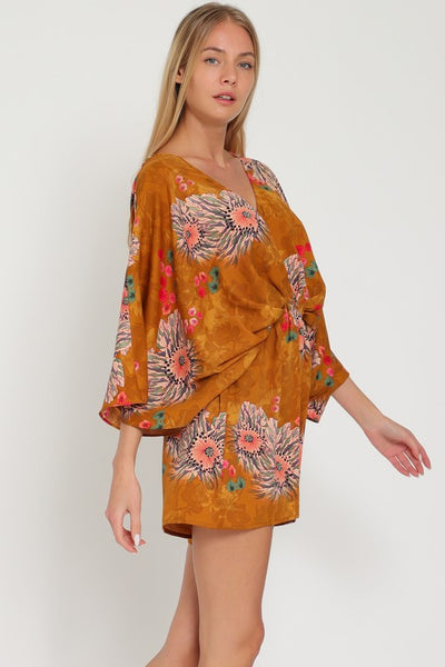 Camel Brown Floral Multi Print Kimono Sleeve Tie Back Neck Romper