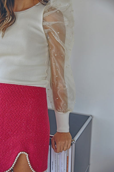 Cream Colored Pearl Sleeve Detail Top