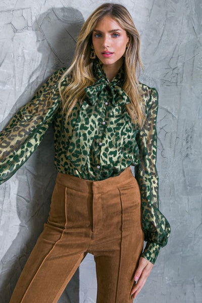 Green Colored Leopard Print Semi Sheet Top