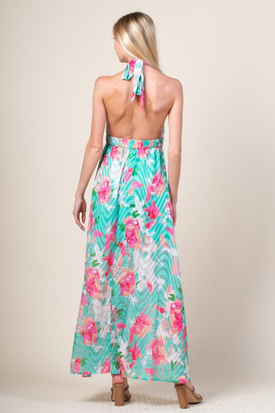 Mint Colored Multi Floral Print Split Neck Belted Dress