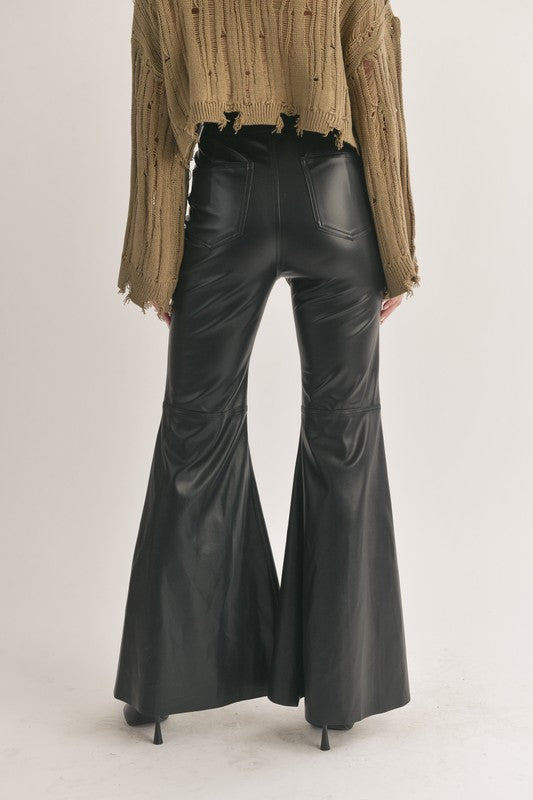 Black Colored Faux Leather Bell Bottom Pants