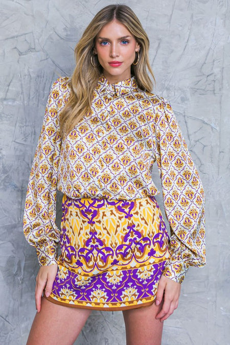 Mustard and Brown Colored Multi Print Long Sleeve Button Down Top
