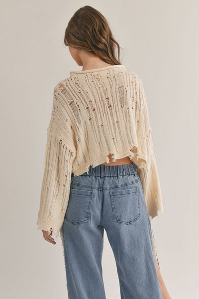 Cream Colored Distressed Bell Sleeve Cropped Sweater