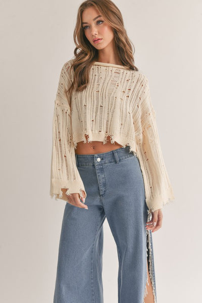 Cream Colored Distressed Bell Sleeve Cropped Sweater