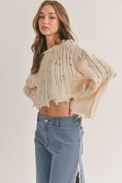 Cream Colored Distressed Bell Sleeve Cropped Sweater
