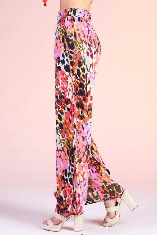 Multi Colored Mixed Leopard Side Slit Wide Leg Pants