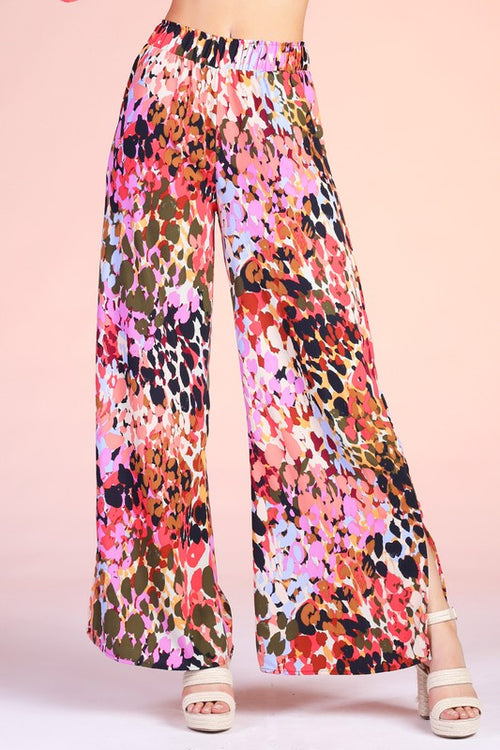 Multi Colored Mixed Leopard Side Slit Wide Leg Pants