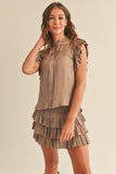 Mocha Colored Ruffled Cap Sleeves Button Up Top