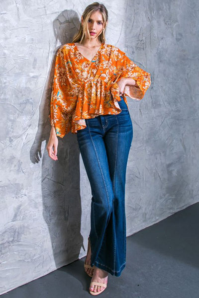 Rust Colored Floral Print Kimono Sleeve Top