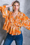 Rust Colored Floral Print Kimono Sleeve Top