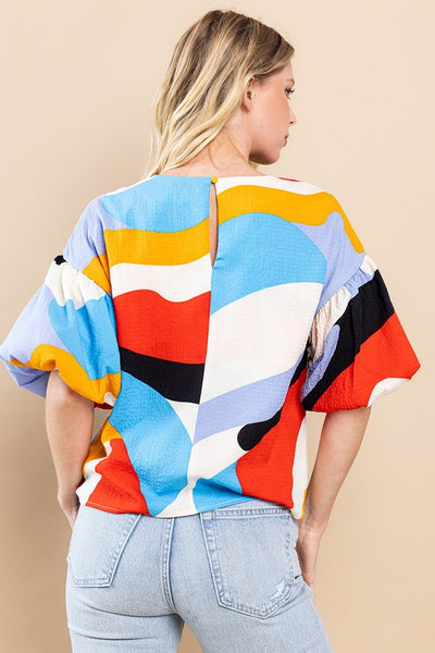 Multi Print Balloon Sleeve Top