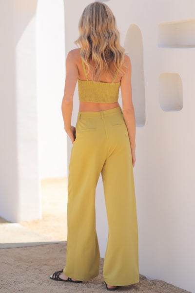 Dusty Lime Green Colored Bra Top and High Waisted Long Pants Set