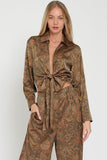 Brown Paisley Print Long Sleeve Front Tie Waisted Crop Top